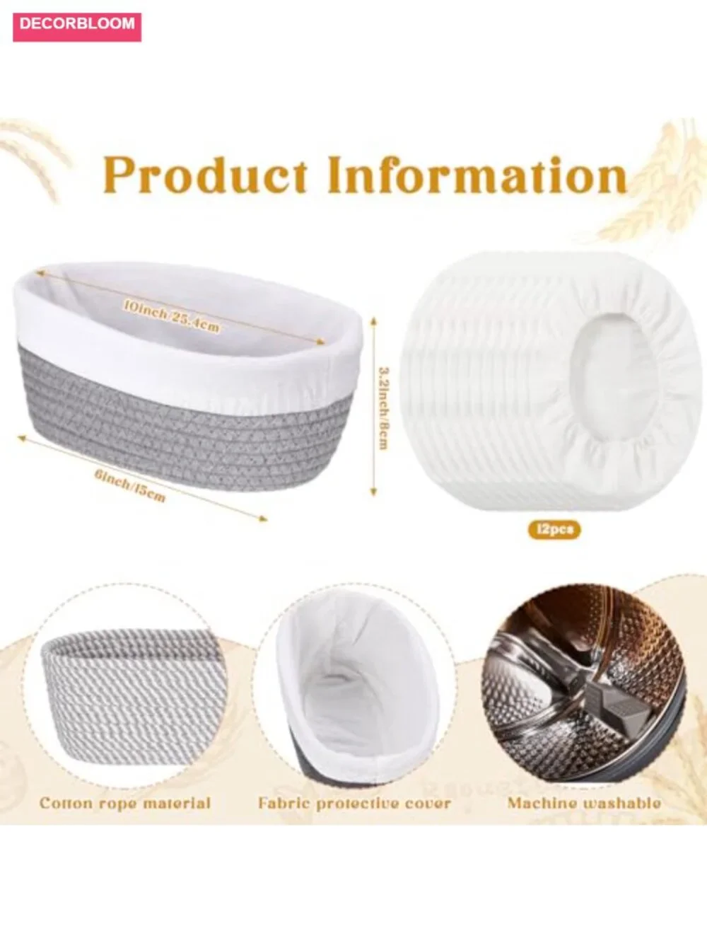 4 Pcs 10 Inch Bread Proofing Basket Set Oval Banneton Cotton Rope with Liners